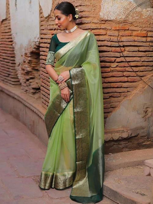 women green solid zari bordered saree with blouse - 21723694 - Standard Image - 0