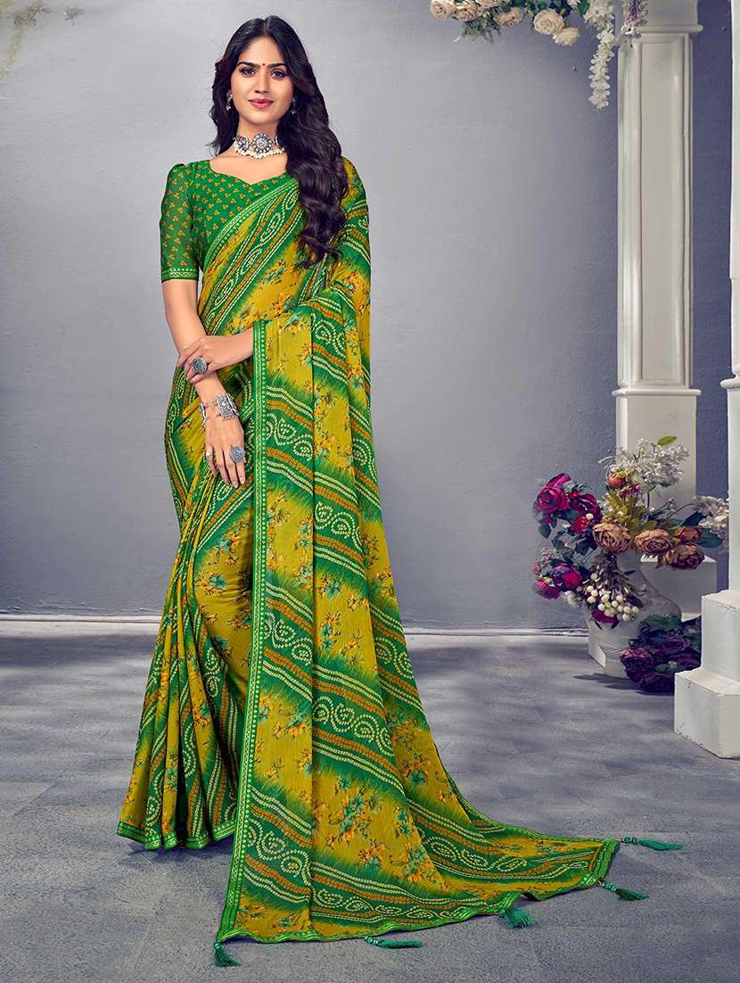 women bandhani printed bordered saree with blouse