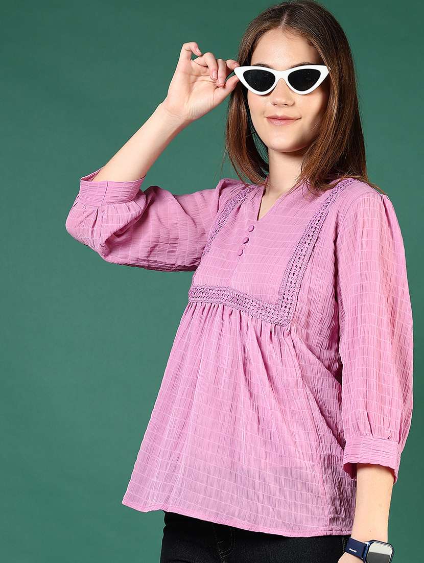 women lavender solid puff sleeve a-line top