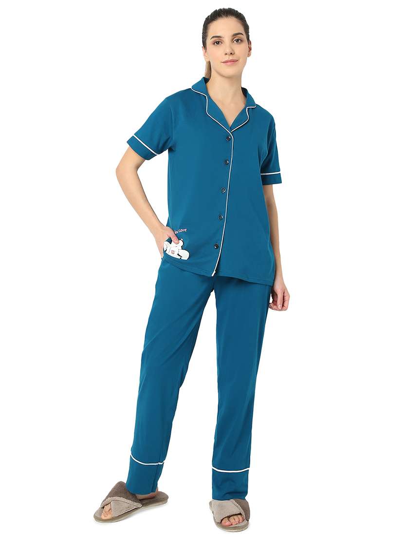 women solid nightwear pyjama set