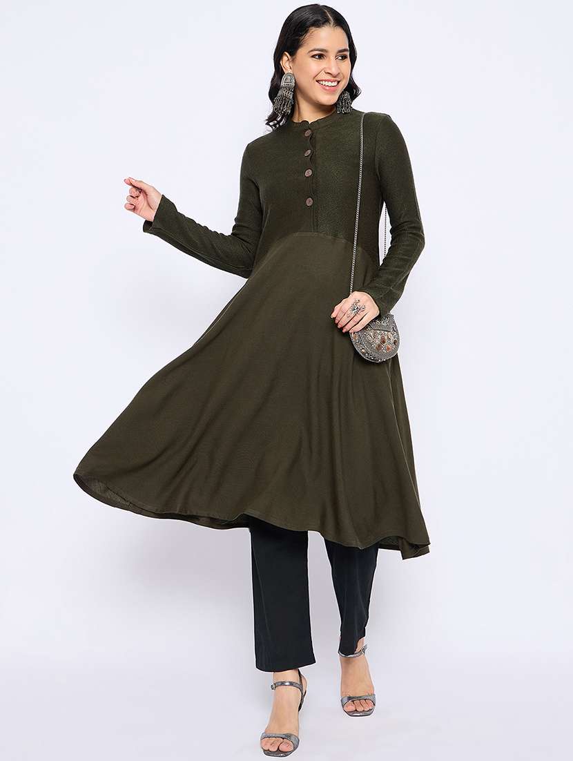 women solid long sleeves woolen kurta - 21724290 -  Standard Image - 3