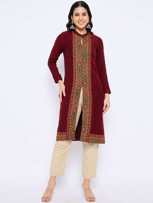 women self designed long sleeves woolen kurta - 21724300 -  Standard Image - 0