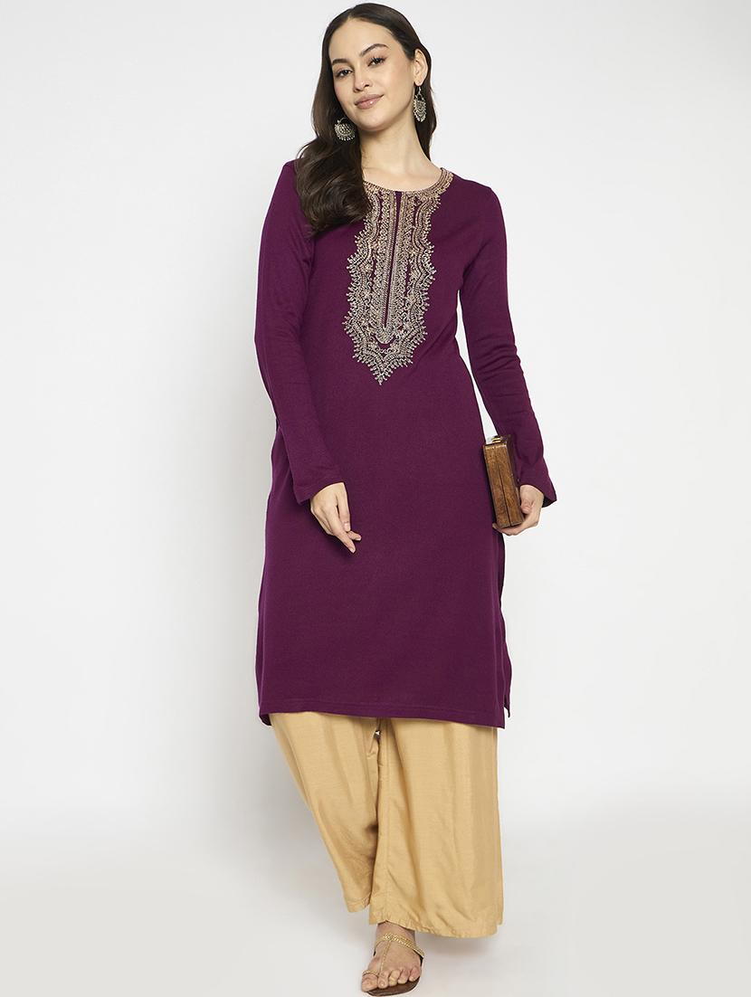 women embroidered long sleeves woolen kurta - 21724306 - Zoom Image - 0