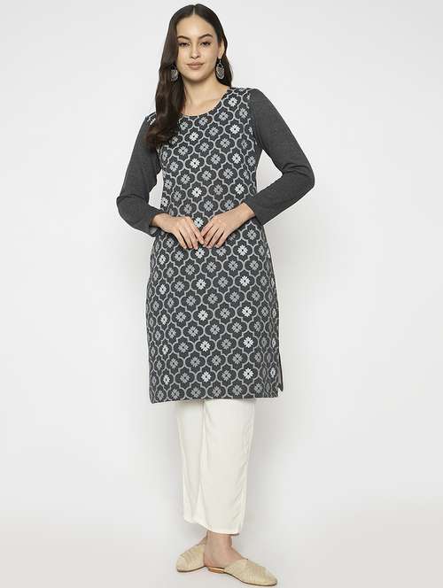 women printed long sleeves woolen kurta - 21724314 -  Standard Image - 0