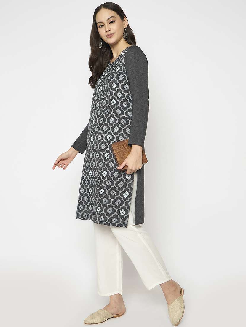 women printed long sleeves woolen kurta - 21724314 -  Standard Image - 3