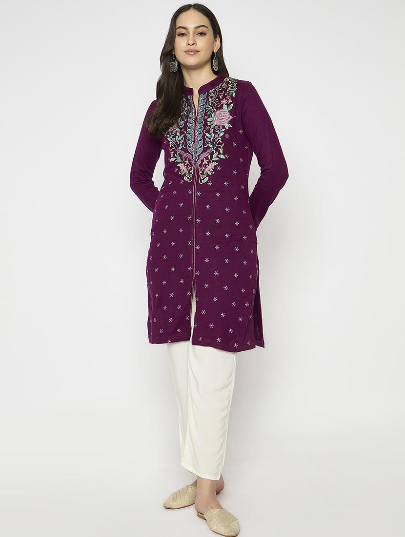 women embroidered long sleeves woolen kurta - 21724317 -  Zoom Image - 0