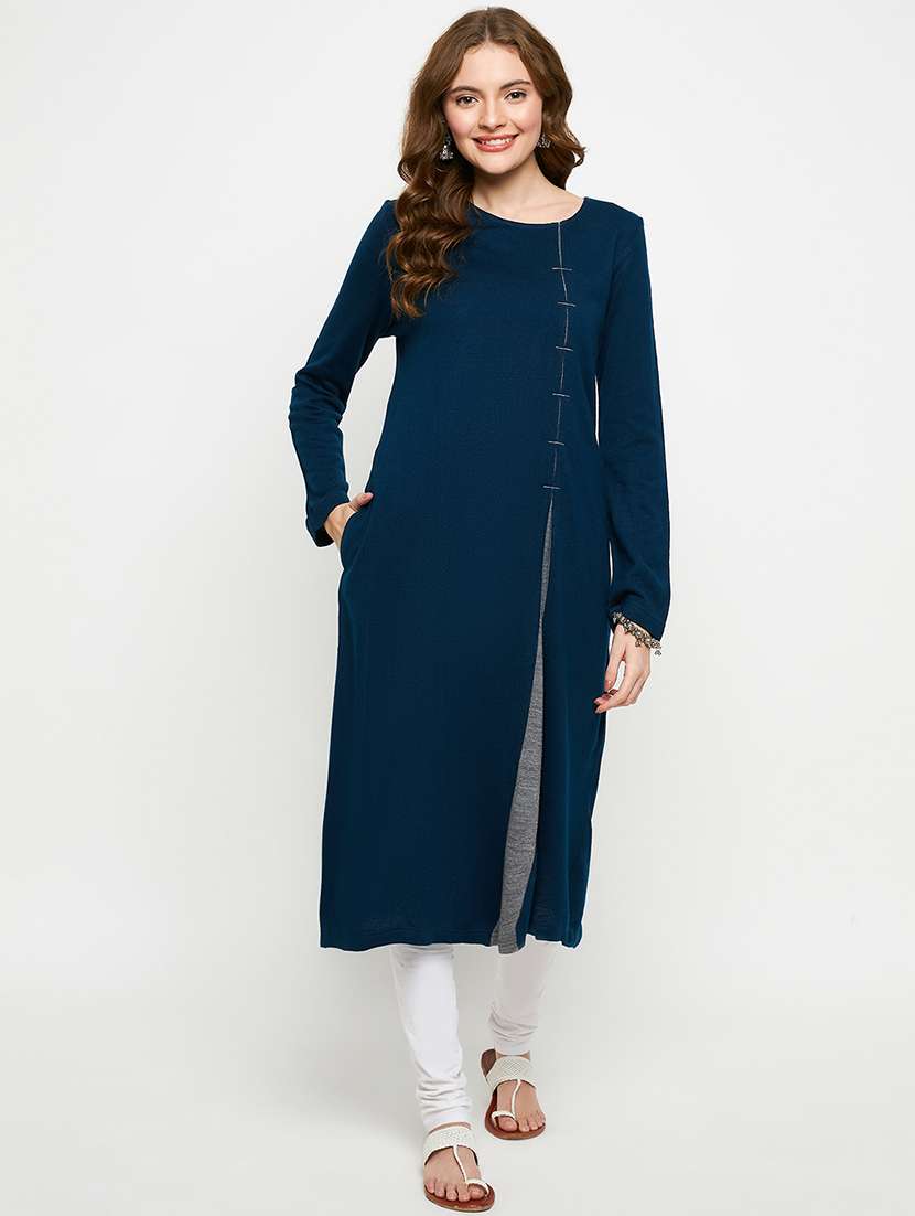 women solid long sleeves woolen kurta
