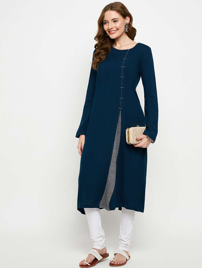 women solid long sleeves woolen kurta - 21724324 -  Standard Image - 3