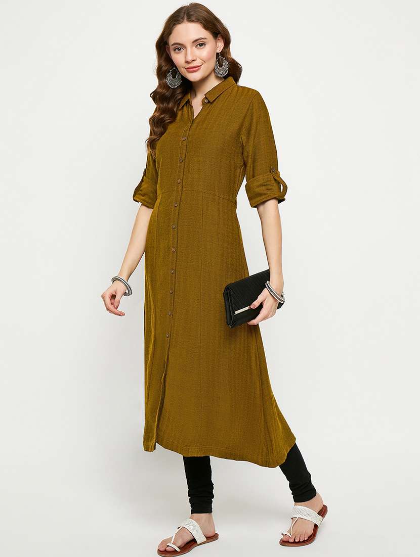 women mustard solid a-line woolen kurta - 21724325 -  Standard Image - 3