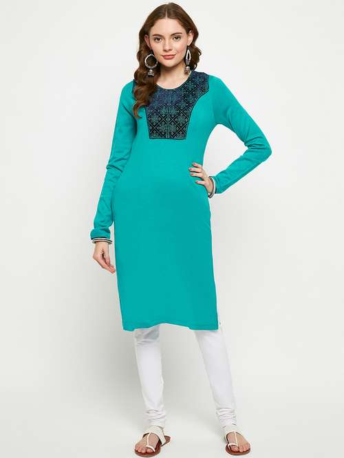 women embroidered long sleeves woolen kurta - 21724330 -  Standard Image - 0