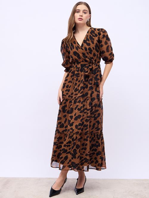 women animal print puff sleeves tiered dress - 21725290 - Standard Image - 0