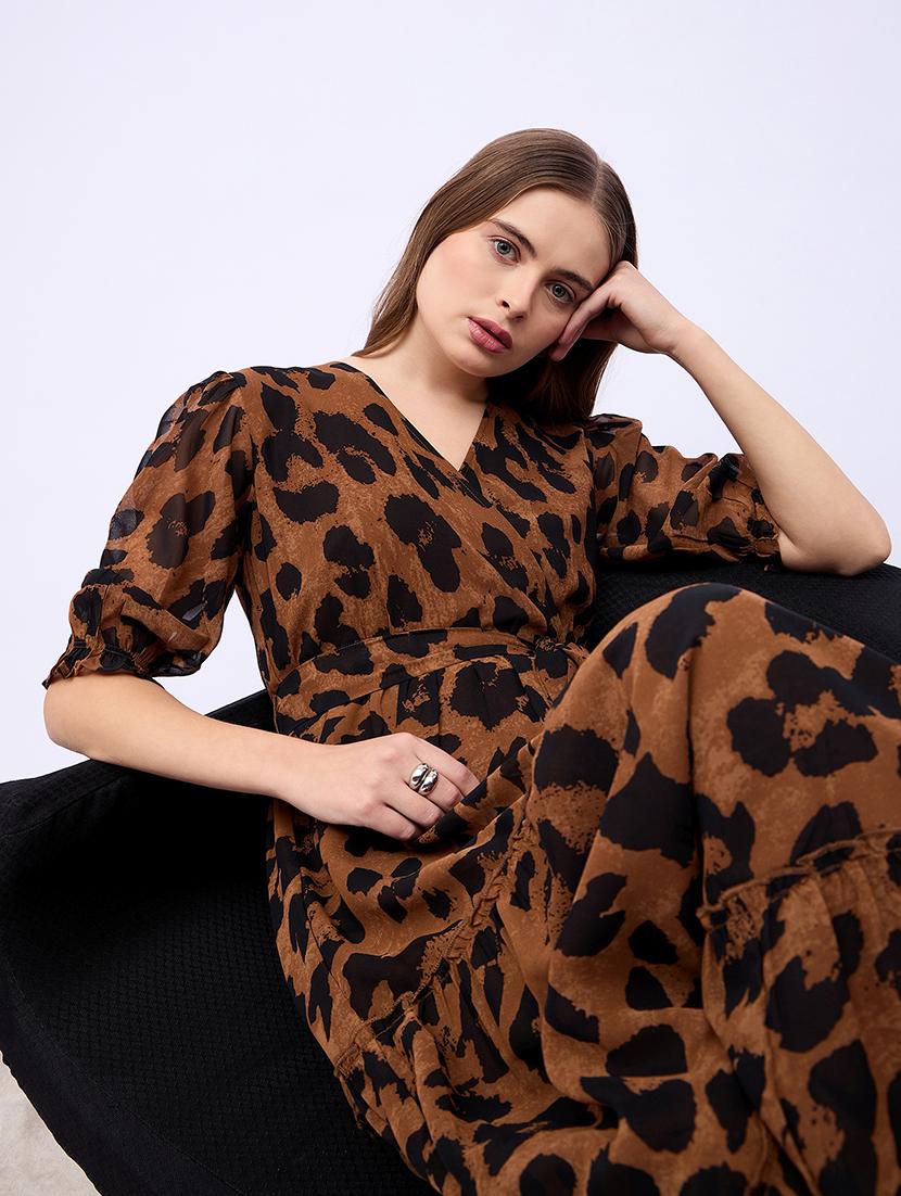 women animal print puff sleeves tiered dress - 21725290 - Standard Image - 5