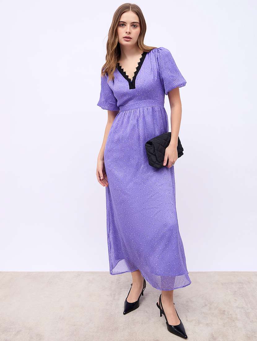 women printed puff sleeves a-line dress