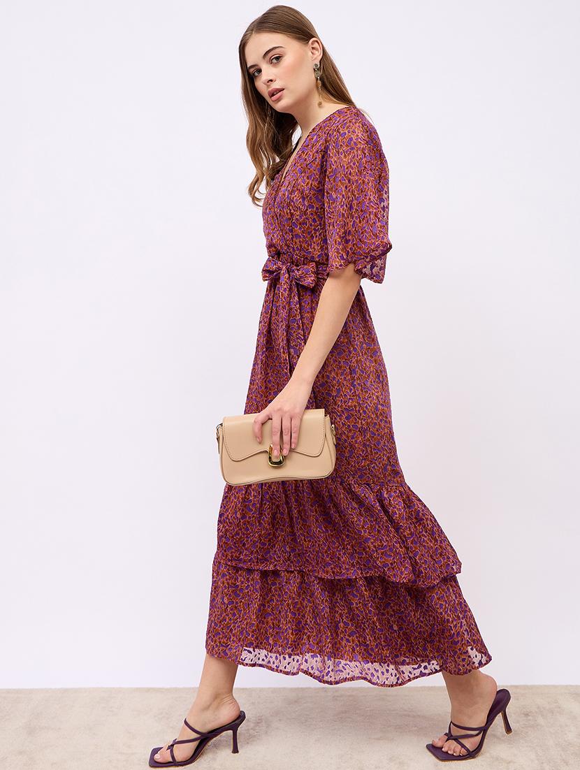 women printed puff sleeves layered dress - 21725298 - Standard Image - 3
