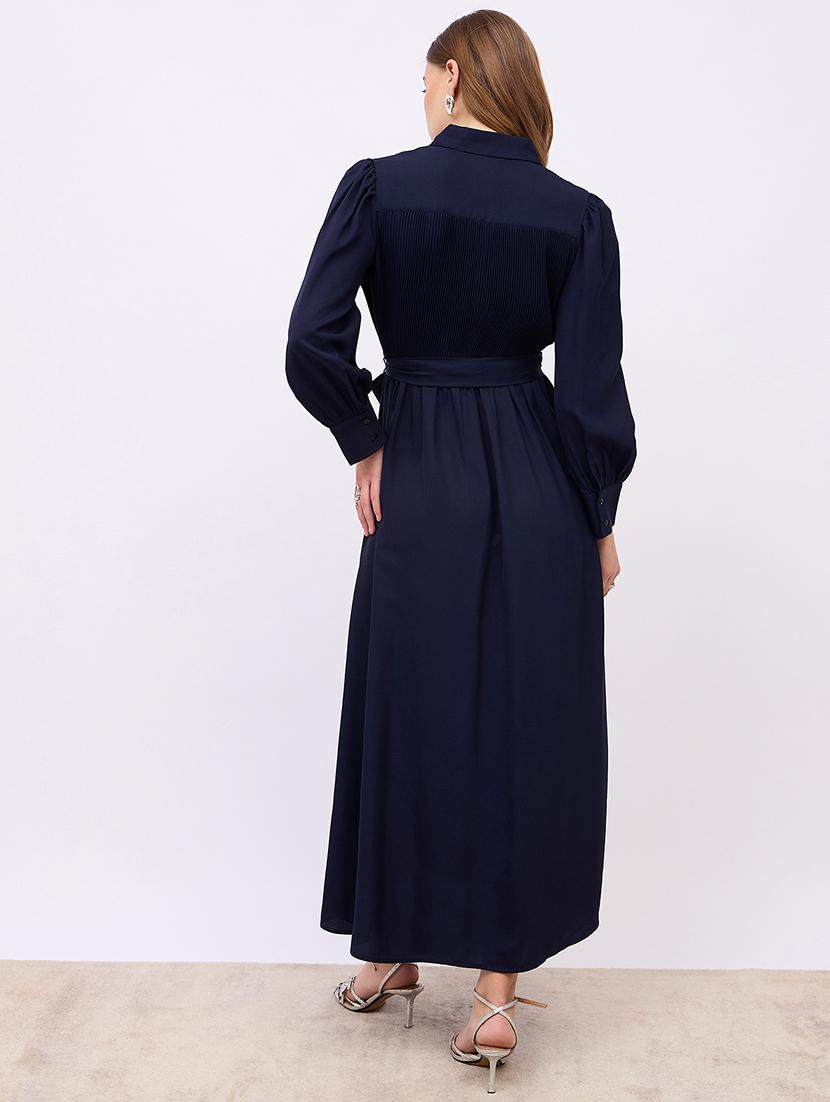 women solid puff sleeves fit & flare dress - 21725300 - Standard Image - 3