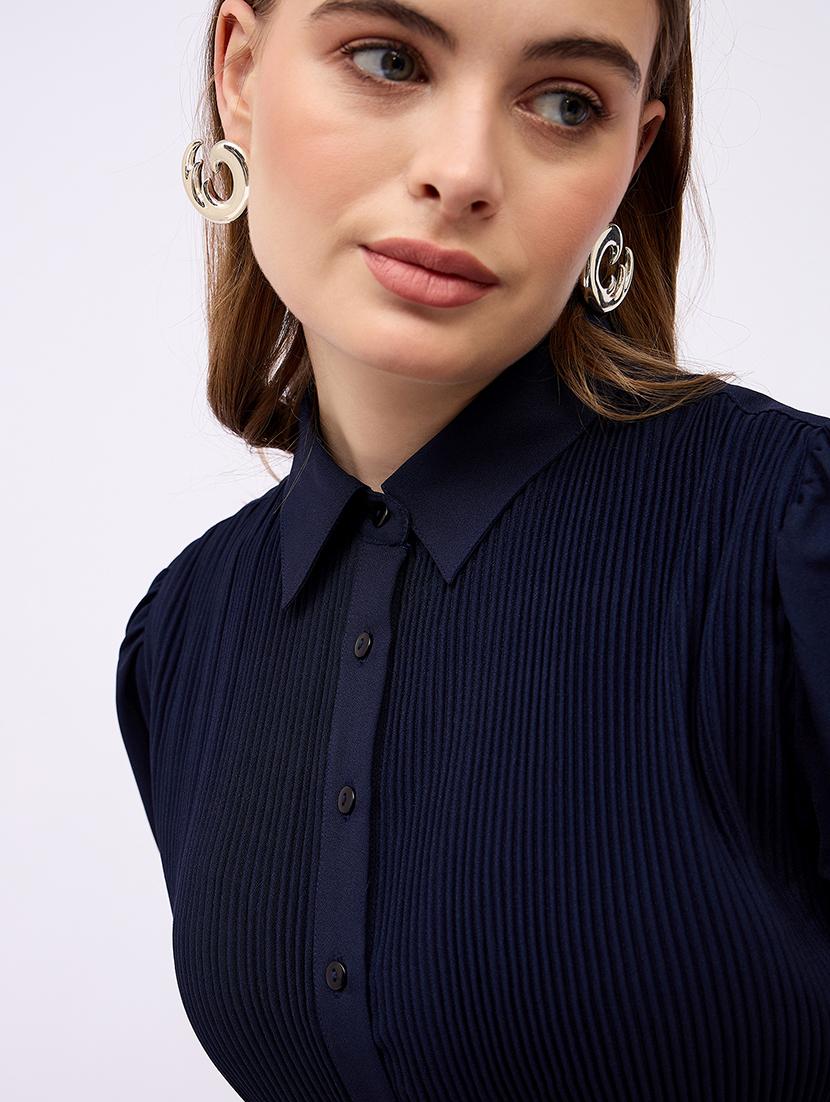 women solid puff sleeves fit & flare dress - 21725300 - Standard Image - 5