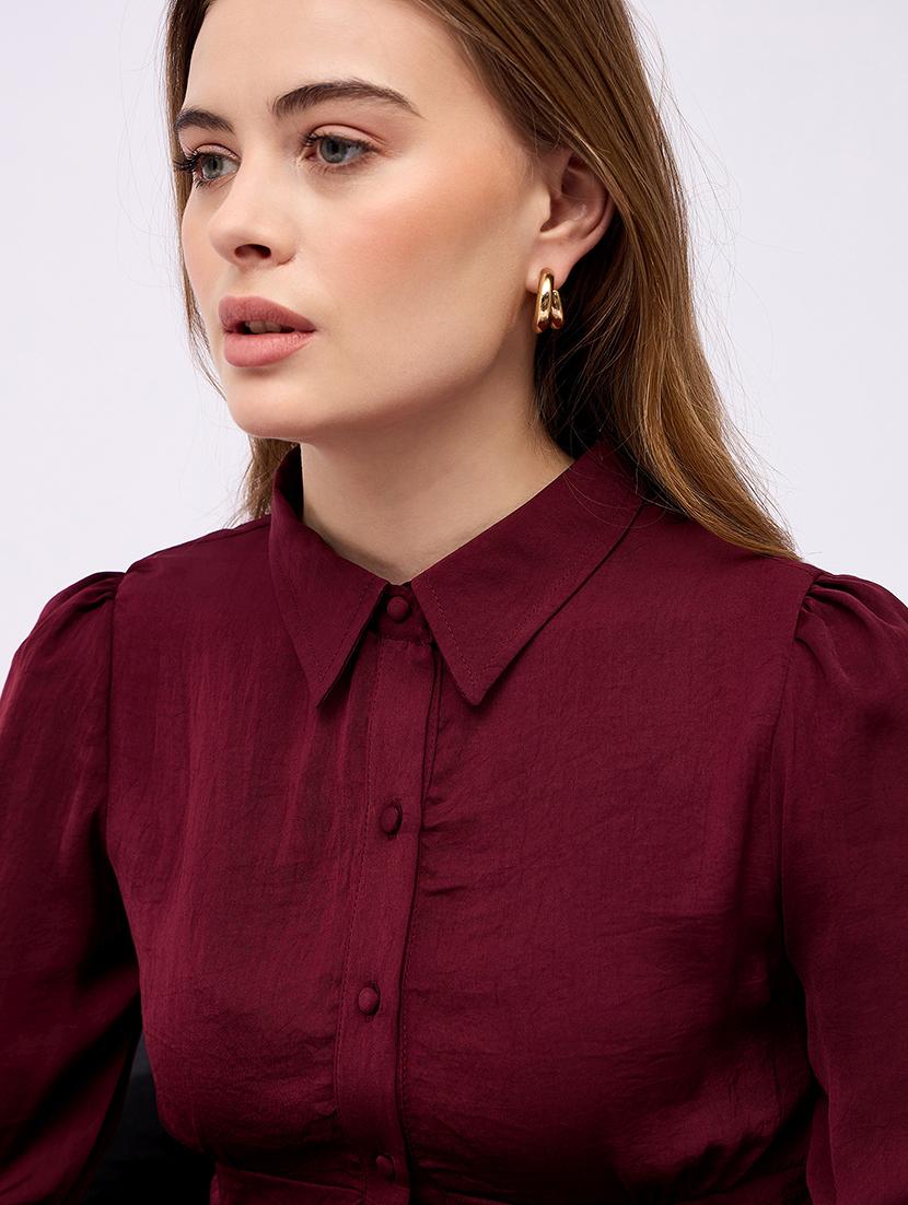 women solid collared puff sleeves shirt dress - 21725311 - Standard Image - 5