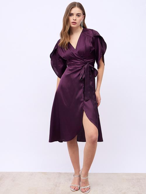 women solid tulip sleeves wrap dress - 21725324 - Standard Image - 0