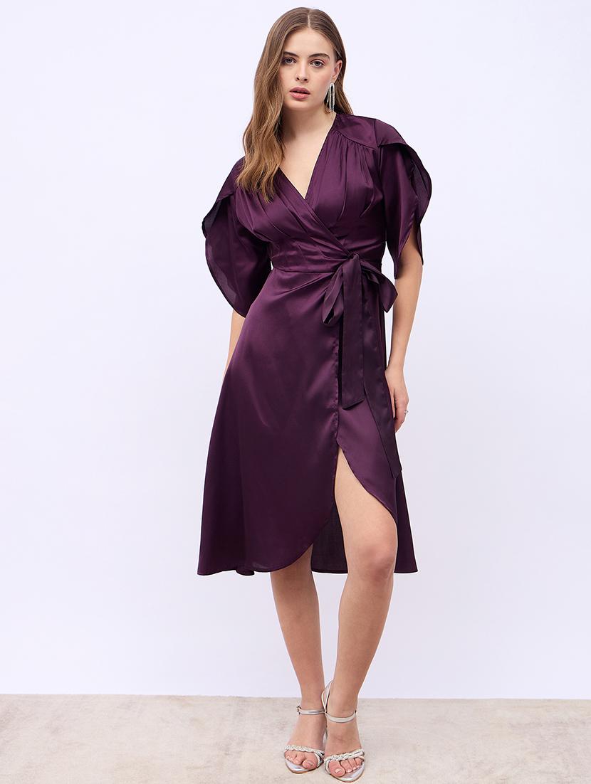 women solid tulip sleeves wrap dress - 21725324 - Zoom Image - 0