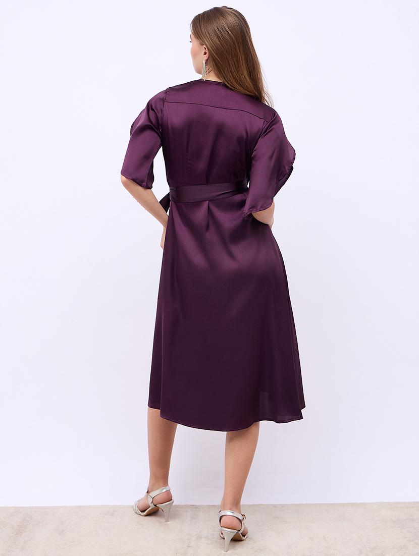 women solid tulip sleeves wrap dress - 21725324 - Standard Image - 3