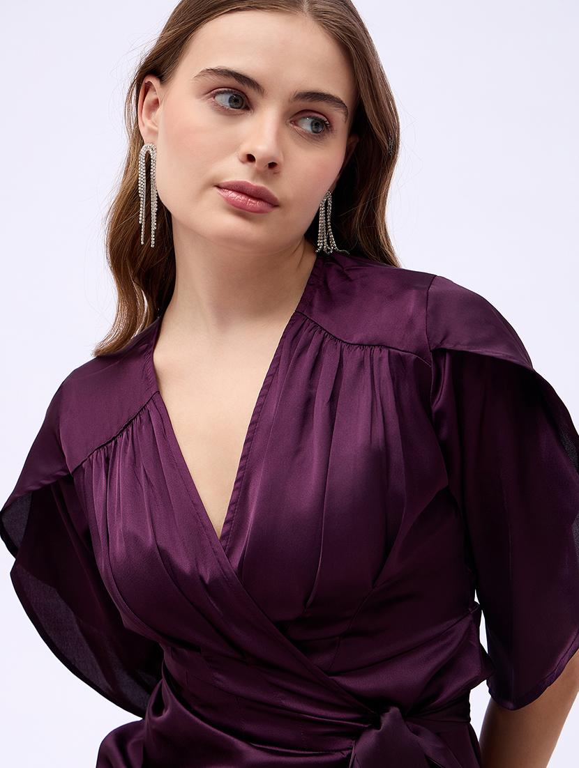 women solid tulip sleeves wrap dress - 21725324 - Standard Image - 5
