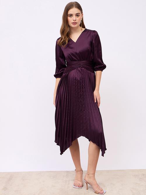 women solid puff sleeves asymmetric dress - 21725326 - Standard Image - 0