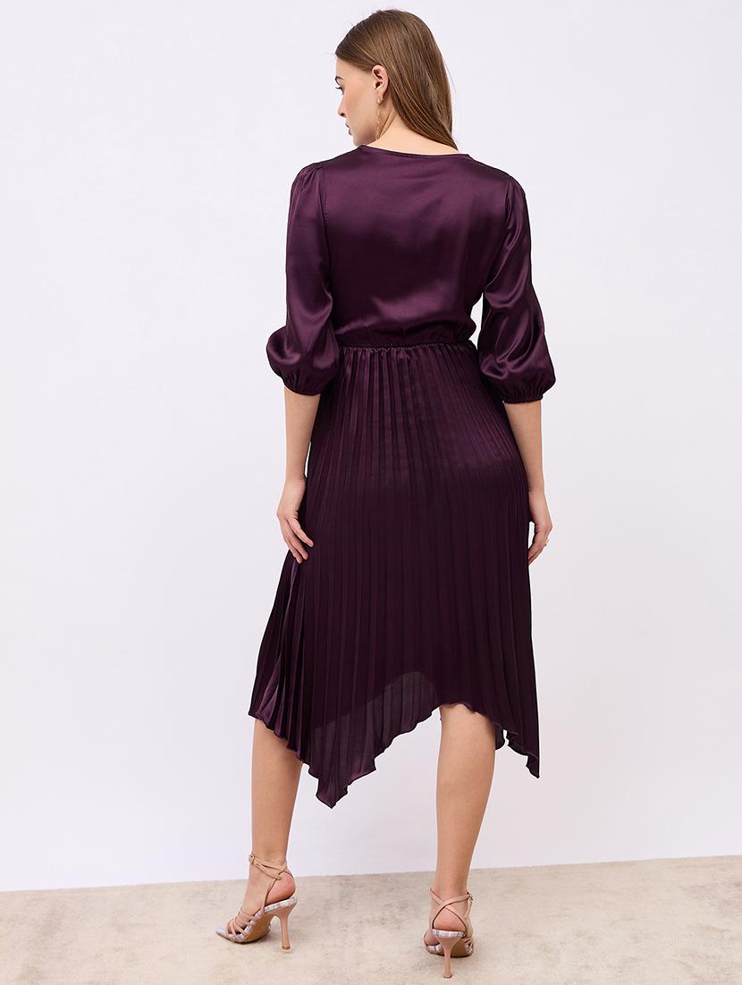 women solid puff sleeves asymmetric dress - 21725326 - Standard Image - 3