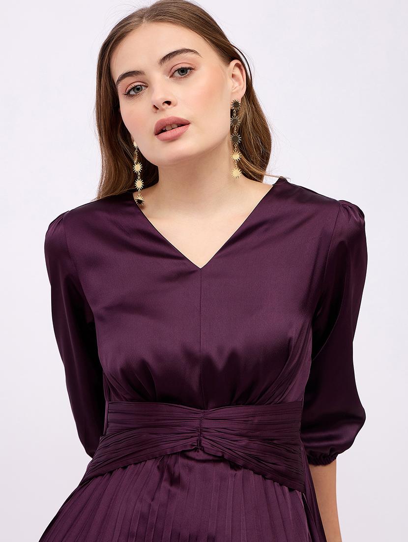 women solid puff sleeves asymmetric dress - 21725326 - Standard Image - 5