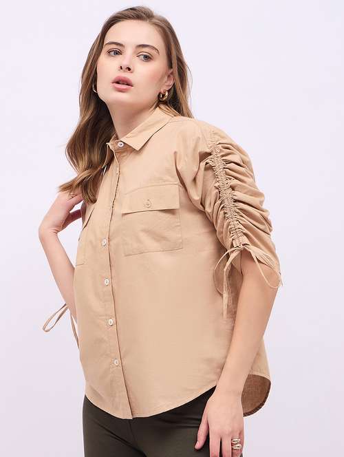 women solid collared ruched sleeves shirt - 21725354 -  Standard Image - 0