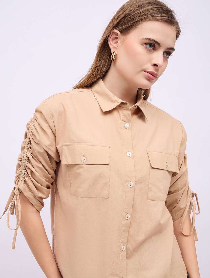 women solid collared ruched sleeves shirt - 21725354 -  Standard Image - 5