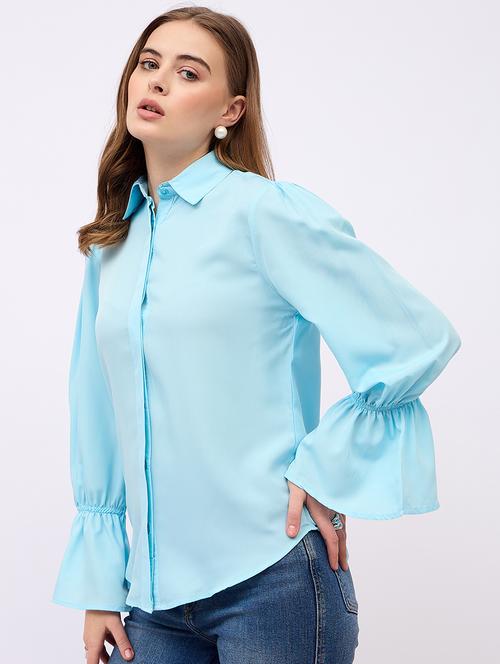 women solid collared bell sleeves shirt - 21725358 -  Standard Image - 0