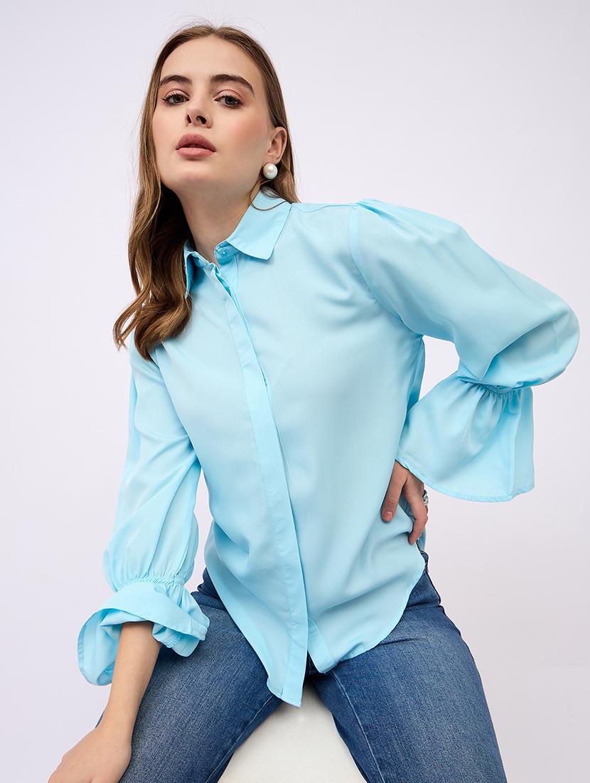 women solid collared bell sleeves shirt - 21725358 - Standard Image - 3