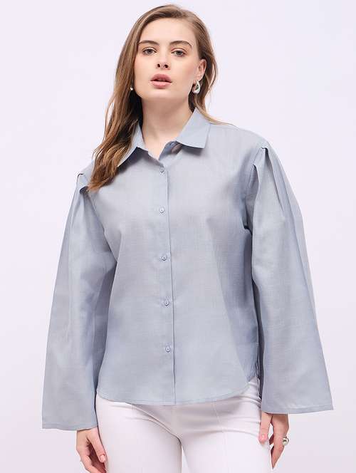 women solid collared puff sleeves shirt - 21725360 -  Standard Image - 0