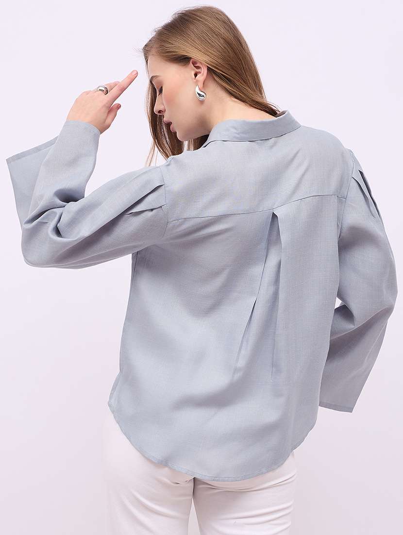women solid collared puff sleeves shirt - 21725360 - Standard Image - 3