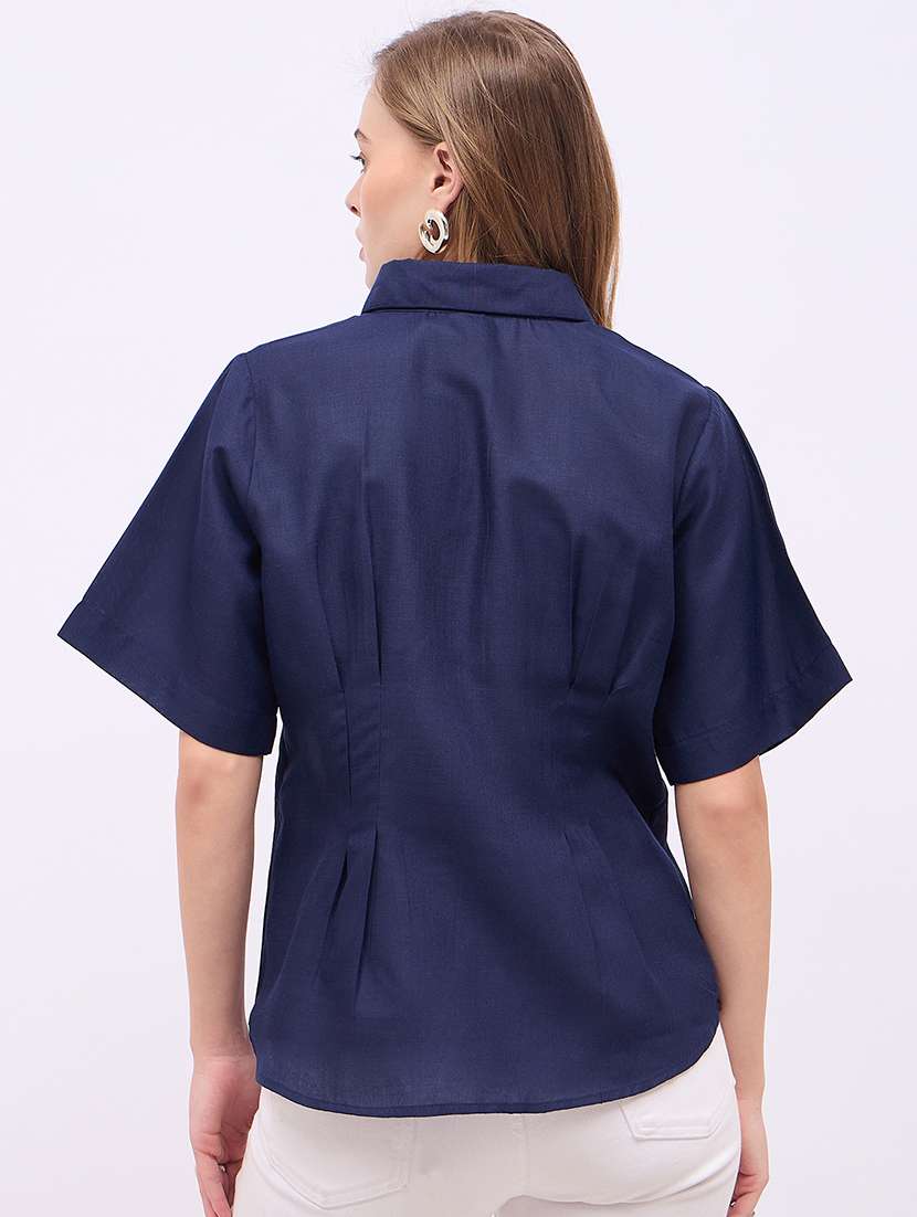 women solid collared short sleeves shirt - 21725362 -  Standard Image - 3