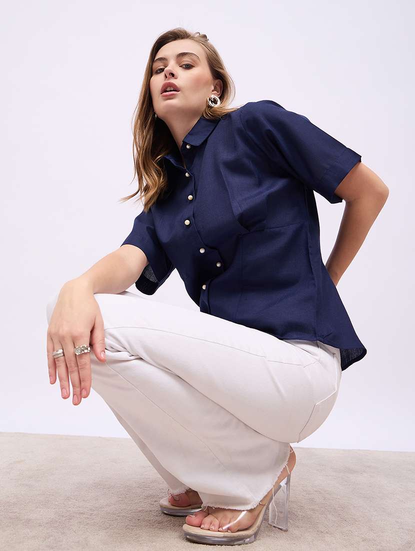 women solid collared short sleeves shirt - 21725362 -  Standard Image - 5