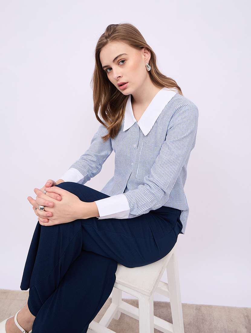 women striped peter pan collar short sleeves shirt - 21725365 -  Standard Image - 3