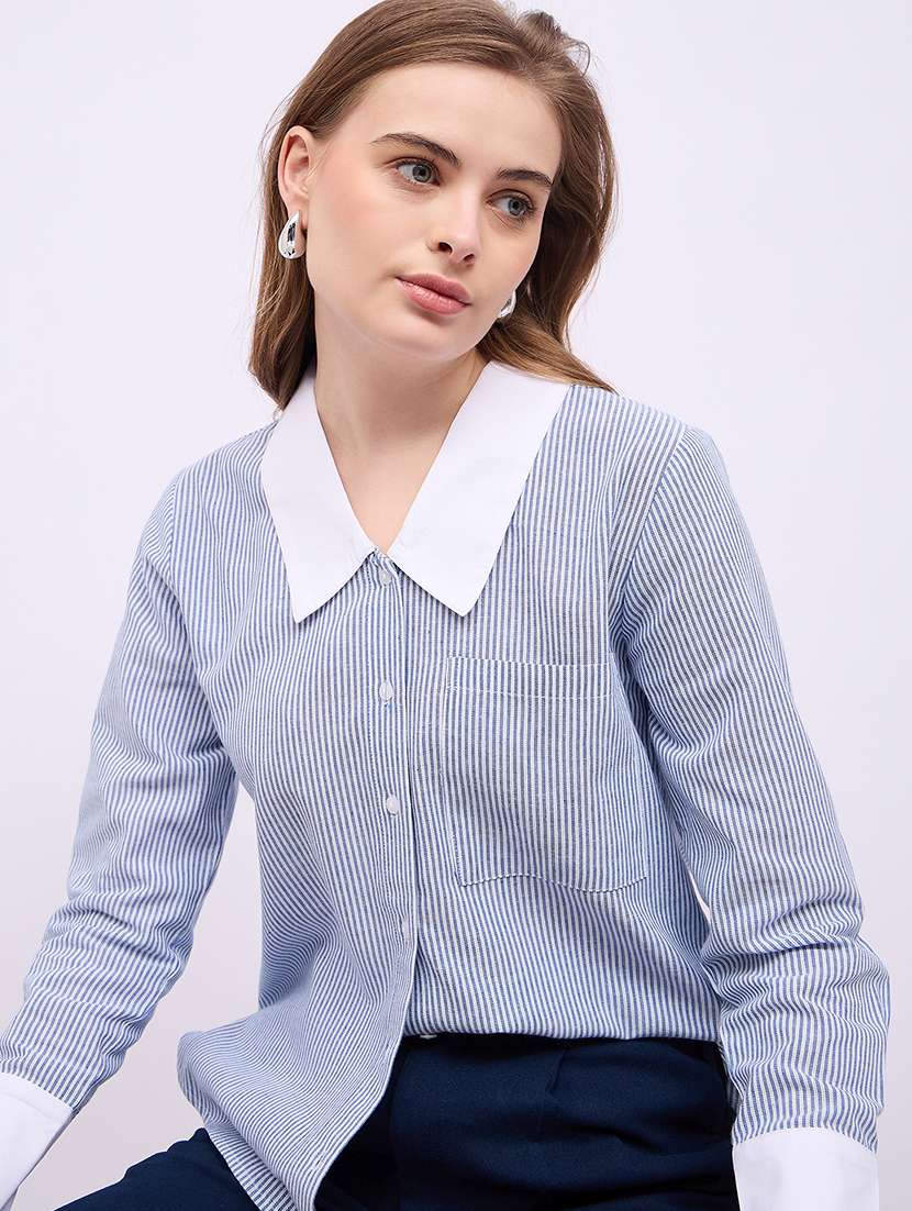 women striped peter pan collar short sleeves shirt - 21725365 -  Standard Image - 5