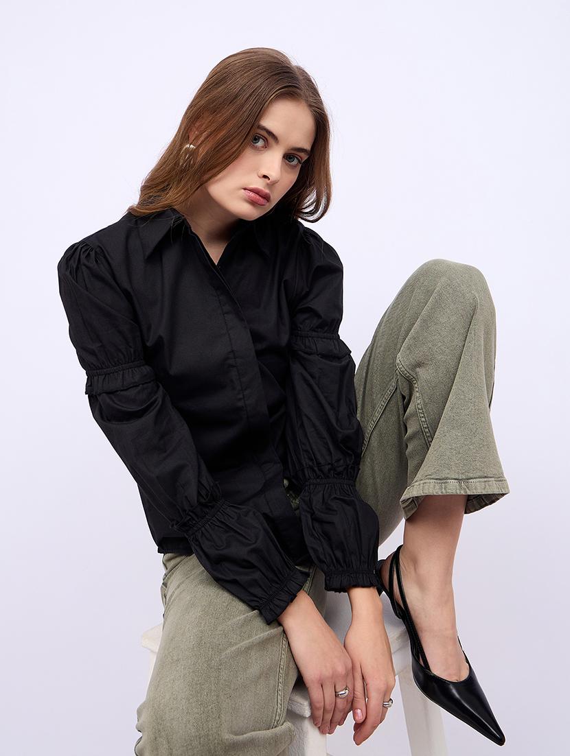 women solid collared puff sleeves shirt - 21725368 - Standard Image - 3