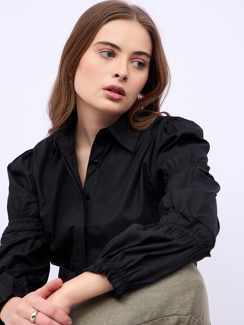 women solid collared puff sleeves shirt - 21725368 - Standard Image - 5