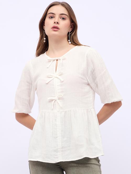 women solid tie up neck puff sleeves regular top - 21725376 -  Standard Image - 0