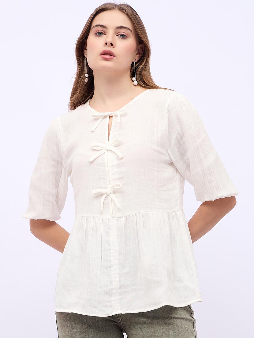 women solid tie up neck puff sleeves regular top - 21725376 -  Zoom Image - 0