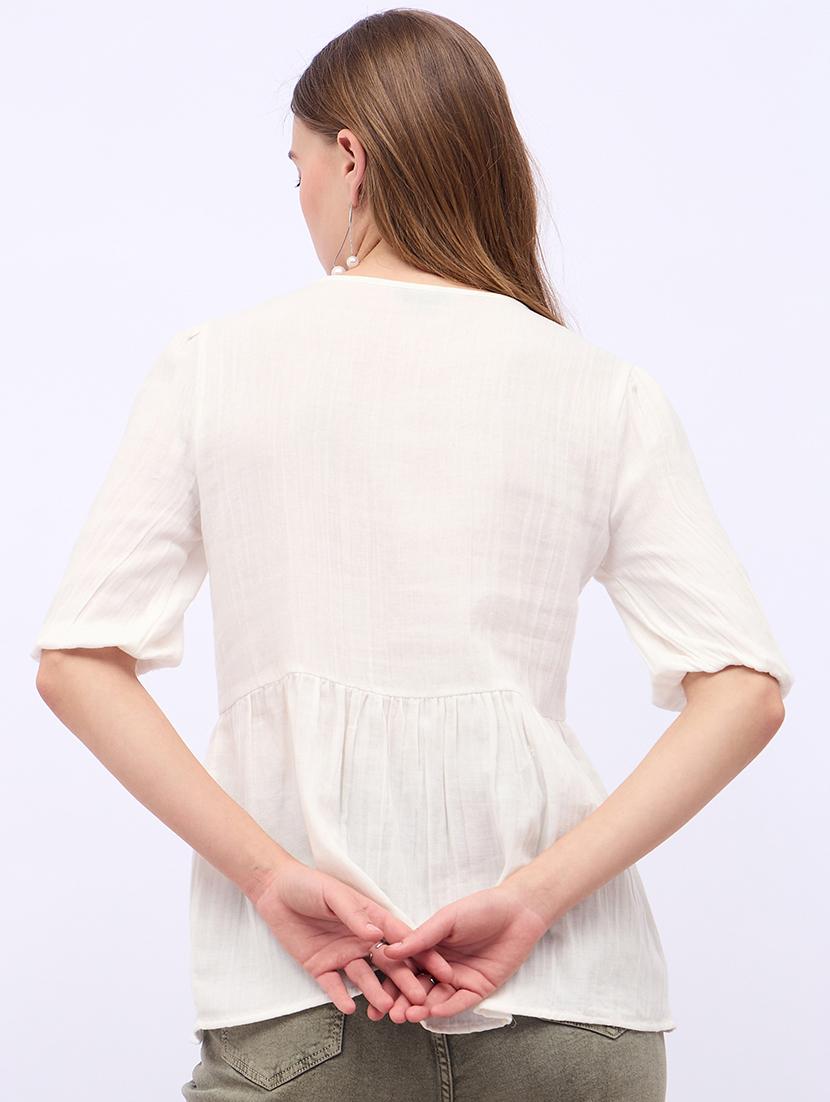 women solid tie up neck puff sleeves regular top - 21725376 - Standard Image - 3