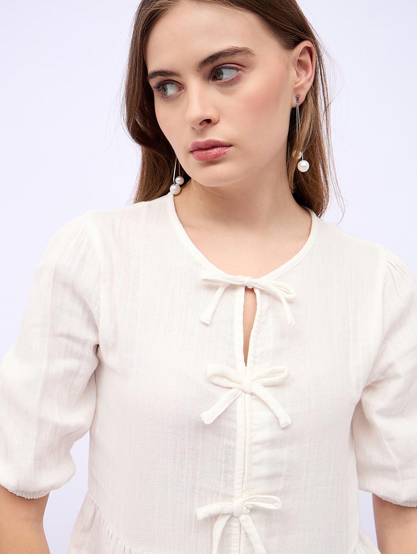 women solid tie up neck puff sleeves regular top - 21725376 - Standard Image - 5