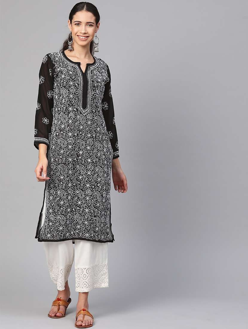 women chikankari long sleeve straight kurta - 21725503 - Zoom Image - 0
