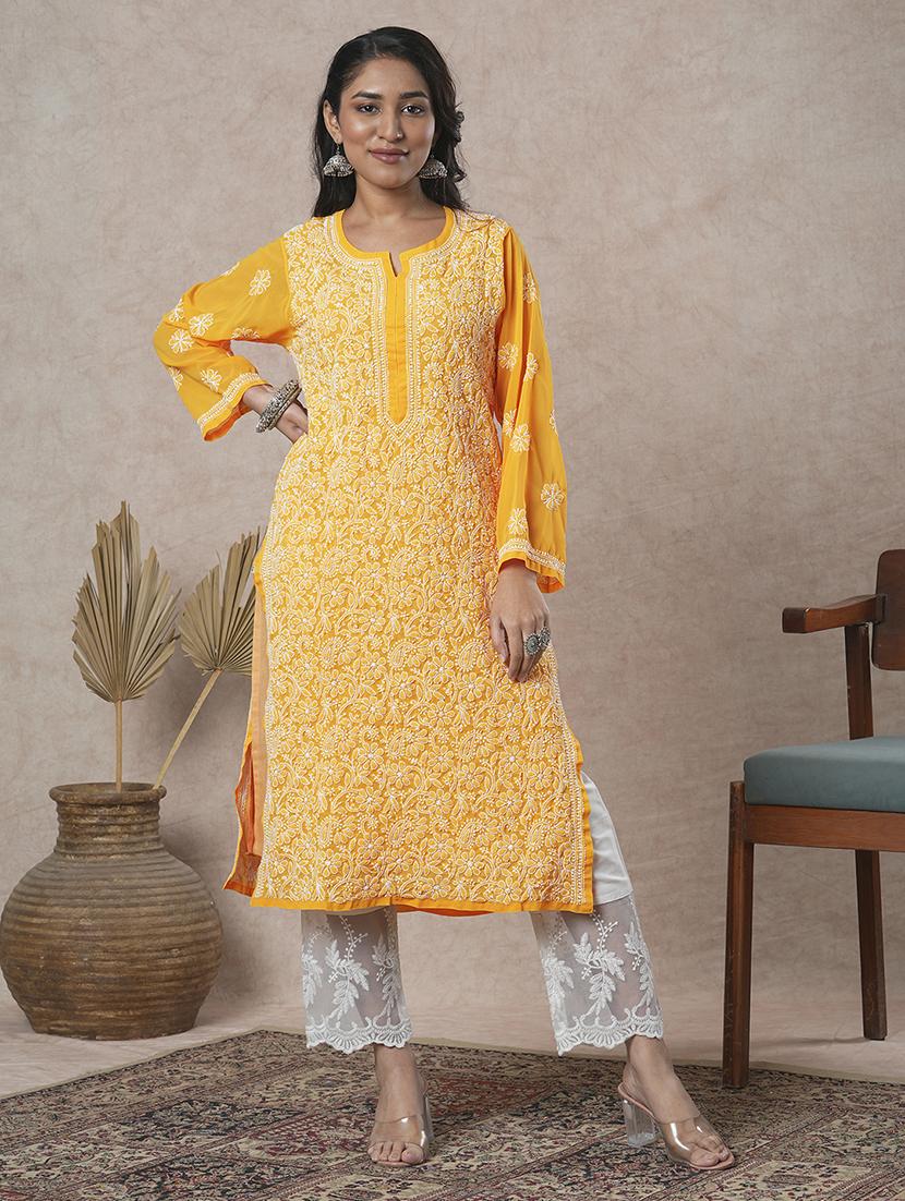 women chikankari long sleeve straight kurta - 21725505 - Zoom Image - 0