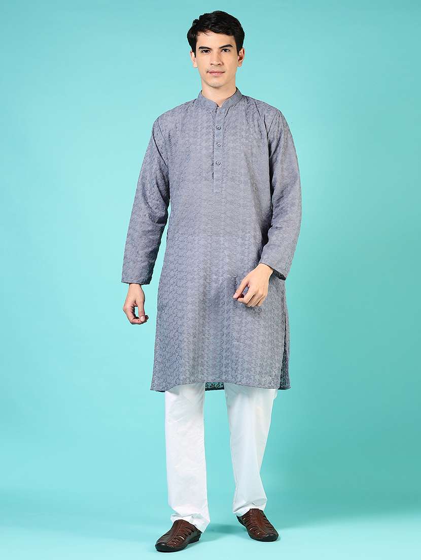 men embroidered mandarin neck kurta pyjama set