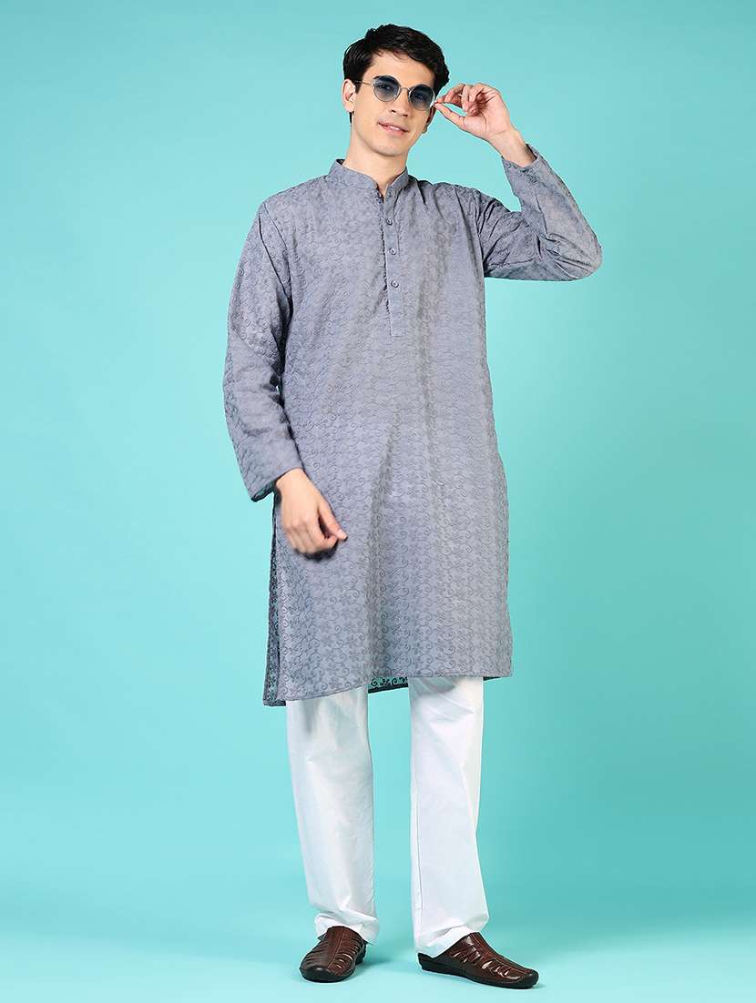 men embroidered mandarin neck kurta pyjama set - 21725635 -  Standard Image - 3