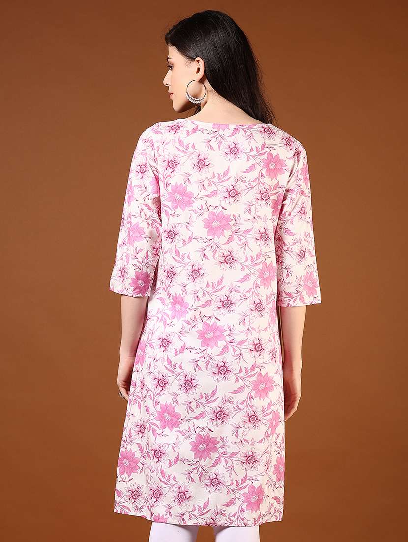 women floral printed three quarter sleeve straight kurta - 21725664 -  Standard Image - 3