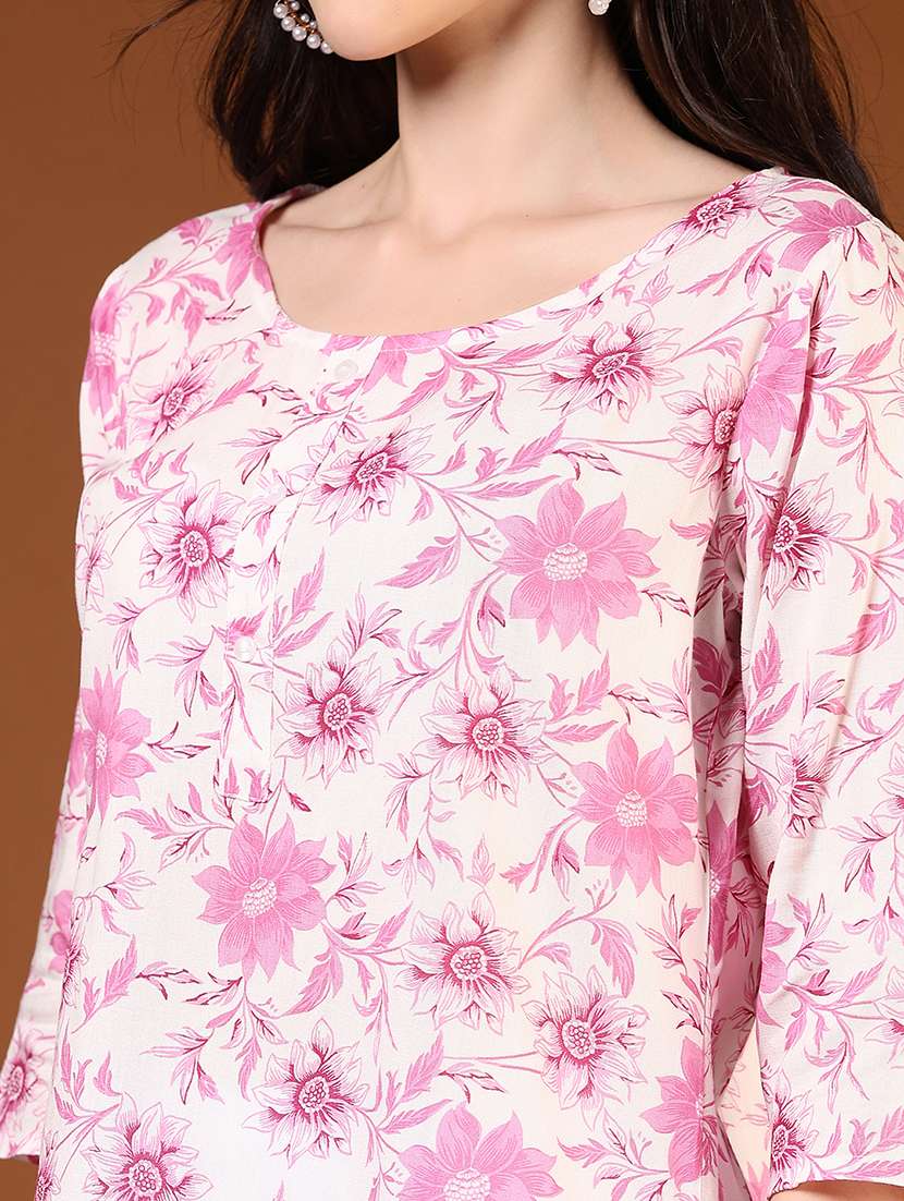 women floral printed three quarter sleeve straight kurta - 21725664 -  Standard Image - 5